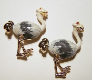 Unusual pair of ostrich scatter pins, signed Gerrys